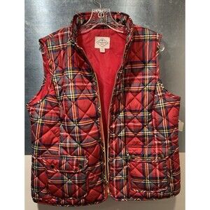 St John's Bay Cabin Barn Chore Vest Bright Brass Zip Plaid Quilted Mock Collar